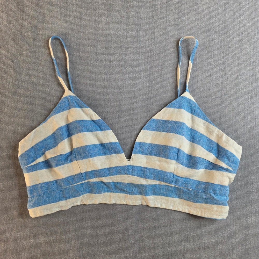 A New Day Striped Bralette Top Women Medium Blue White Linen Blend Nautical Boho